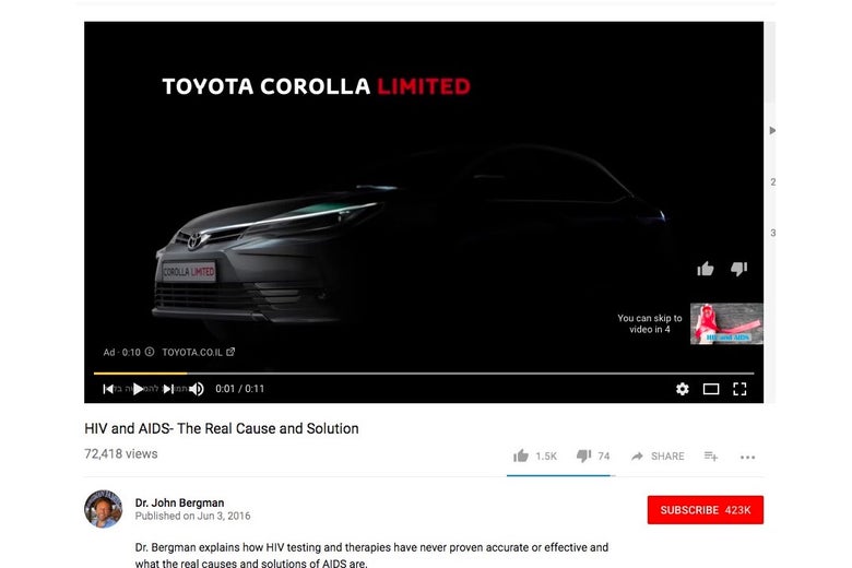 Screenshot from YouTube showing Toyota Corolla ad playing before a conspiracy video about HIV and AIDS.
